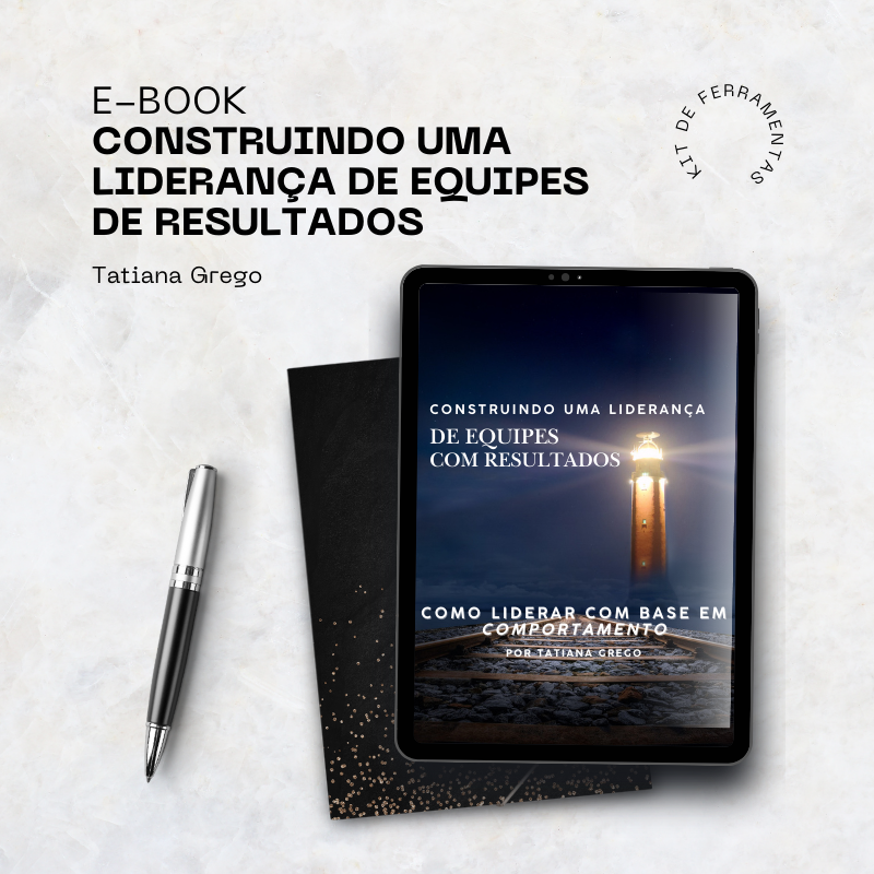 E-book Construindo uma Liderança de Equipes de Resultados — capa com tablet, caderno e caneta